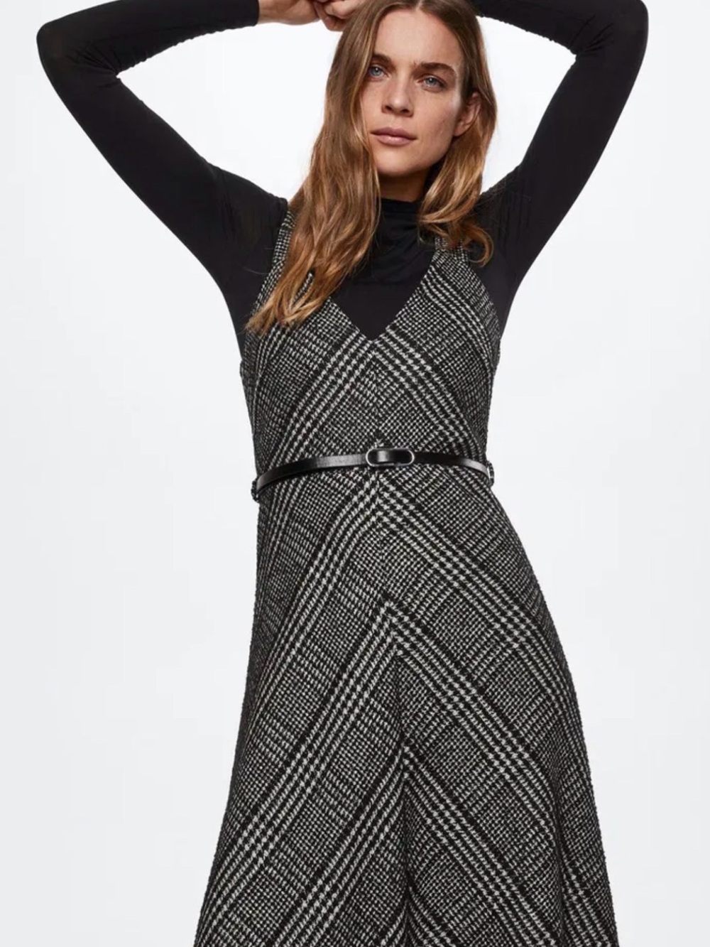 Mango Black and White Houndstooth Dress with V-Neck